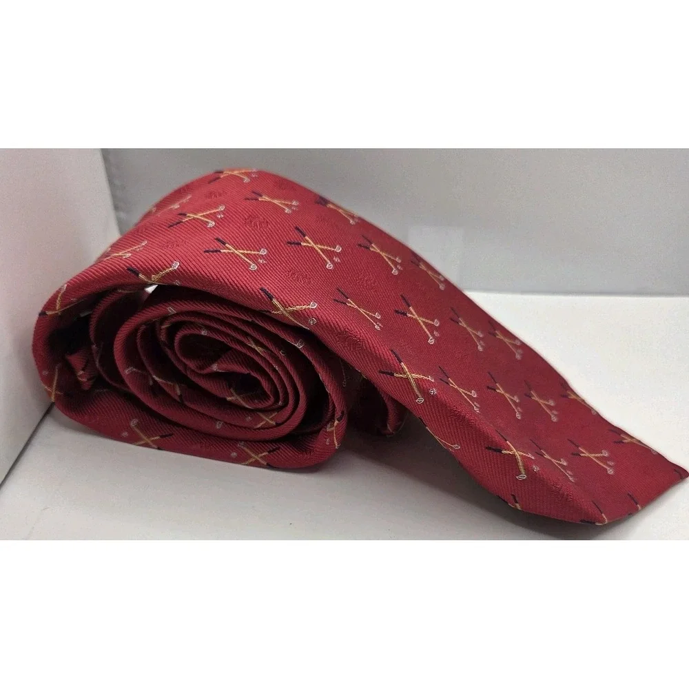 Vtg Peter Millar Crossed Golf Club Tie Red Hand Folded Y2K Tie 3x60